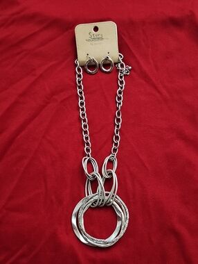 🔥 Silver-Tone Hoop Pendant Necklace and Earring Set - Silver - Story By Davinci
